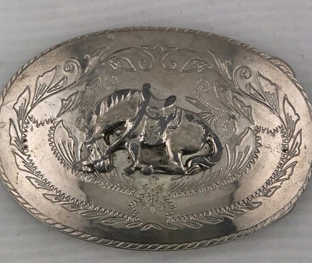 Vintage Cowboy Riding Bucking Bronco Western Buckle Floral Background